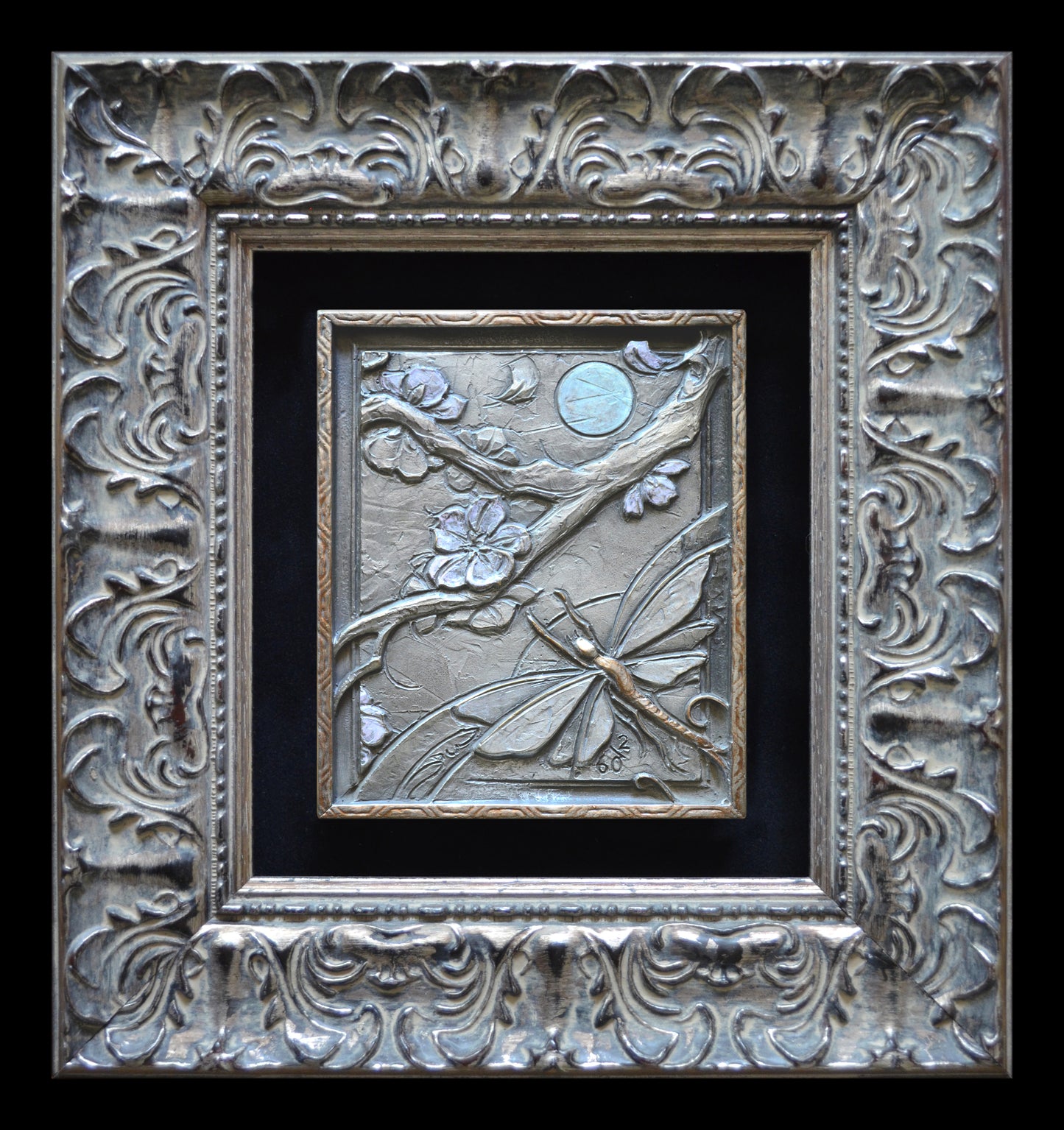 A Light and Aloft - Mayfly and Cherry Blossoms - JD WELSH - framed bronze - 9" x 8.25"