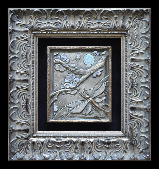 A Light and Aloft -  Mayfly and Cherry Blossoms - JD WELSH - framed bronze - 9" x 8.25"