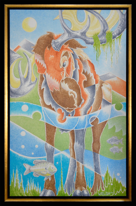 Chest Deep - Bull Moose and Bluegill - JD WELSH - oil on canvas - 48 x 30"
