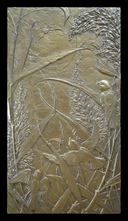 Sparrows in Rivergrass (3/18) - JD WELSH - low relief bronze - 17" x 9.5"
